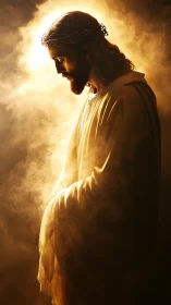 Side-lit robed figure with crown of thorns stands in dense fog