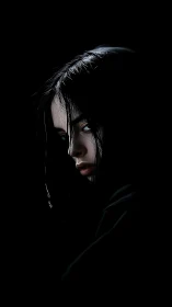 Female portrait in low-key lighting with dark backdrop.