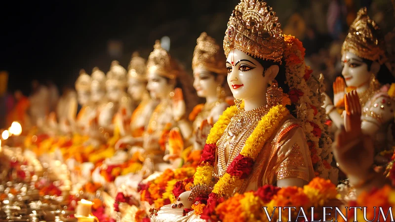 Row of adorned Hindu deity statues with floral garlands.