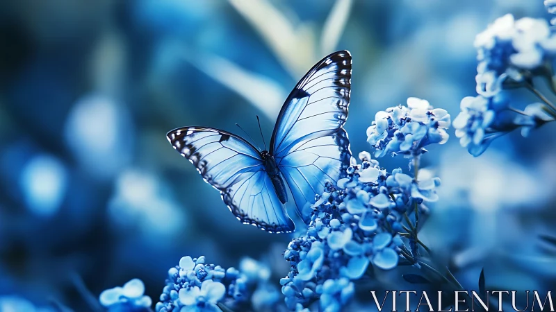 Blue butterfly rests on blossoms in cool bokeh garden