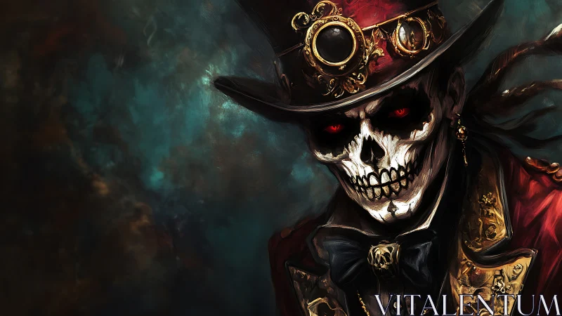 Steampunk skeletal dandy in crimson coat and top hat.