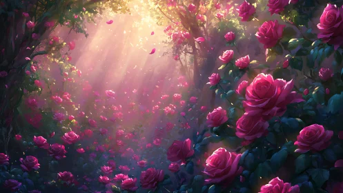 Luminous Rose Garden with Volumetric Light Rays and Petal Cascade.