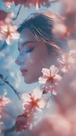 Blossom hush around a dreaming face in soft morning light.