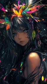 Digital portrait depicts girl with dark hair and neon foliage