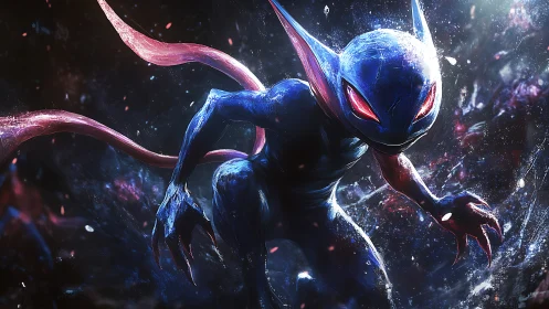 Bioluminescent alien creature in dynamic cosmic environment.