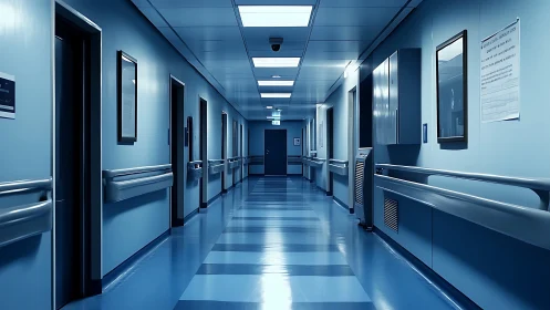 Empty hospital corridor with blue lighting and doors.