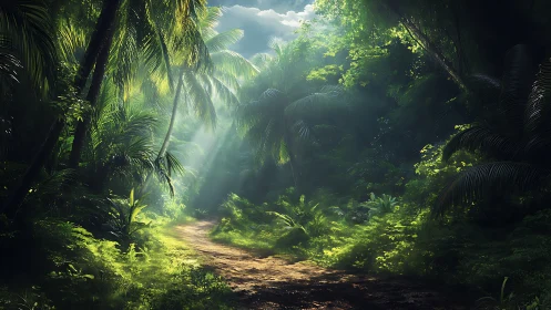 Sunlit jungle interior with dense palm canopy and dirt pathway