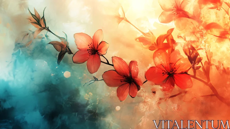 Dreamy Red Flowers Bloom Across a Watercolor Sky