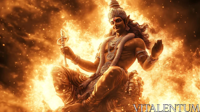 Mythic fire deity seated in radiant inferno, golden spectral aura