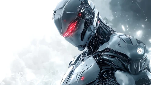 Brooding chrome cyborg with crimson visor in stormlight vigil.