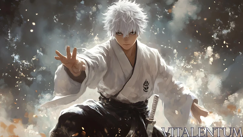 Calm white‑haired swordsman poised in swirling light.