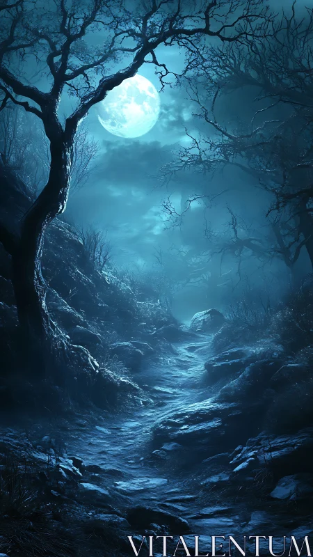 Moonlit rocky forest path under twisted bare trees.