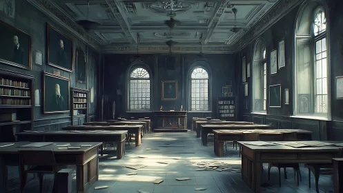 Dusty historic classroom with tall windows and portraits.