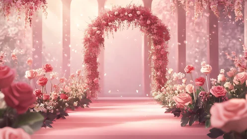 Blush-tinted floral archway bathing in dreamy petal light.