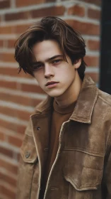 Serious young man in suede jacket against brick wall.