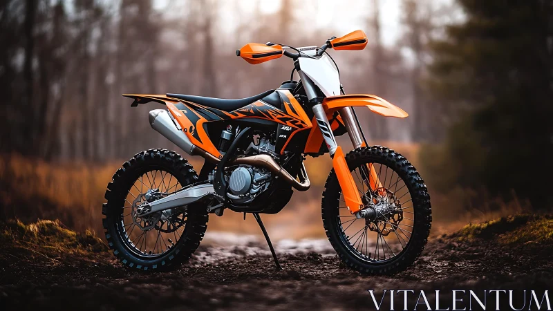 Trail-taming orange dirt bike idling in woodland hush.