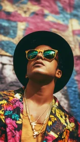 Street portrait with neon sunglasses and floral jacket.