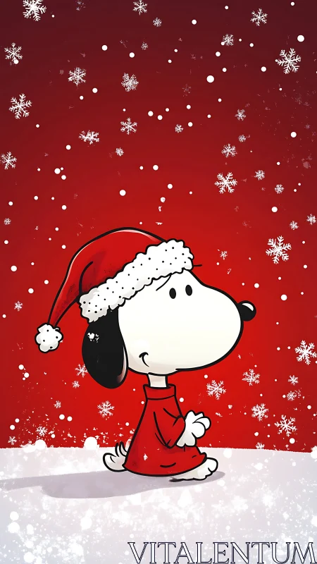 Cartoon dog in Santa outfit stands under stylized snowfall