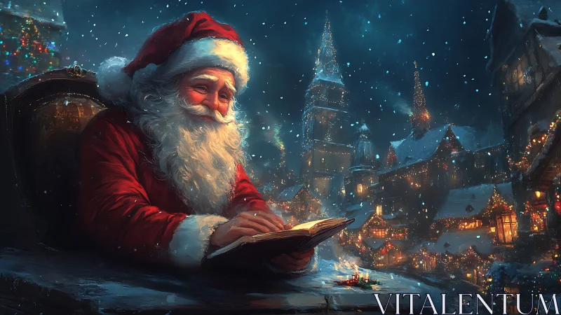 Santa Claus writes in a book above a lit winter village