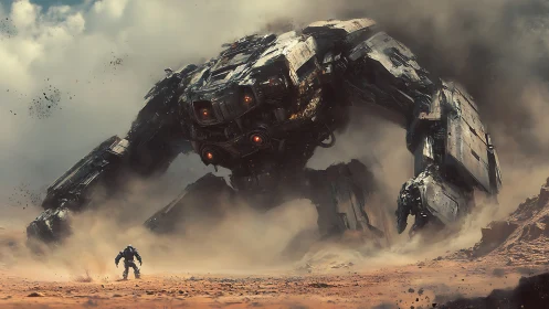 Colossal desert mech lurches toward a lone armored challenger