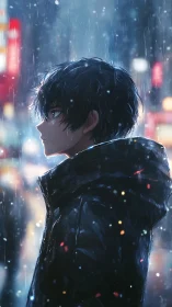 Rainlit anime profile portrait in neon urban nightscape.