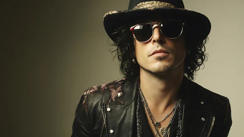 Man in hat and sunglasses is posed in studio lighting