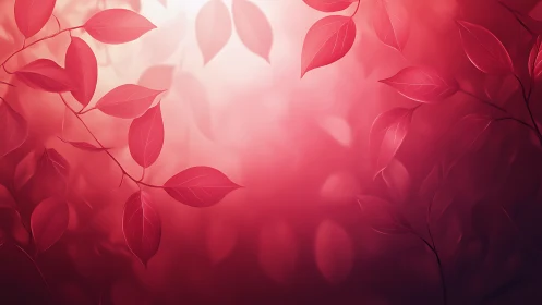 Crimson leaves drift softly through a glowing rose fog