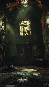 Ruined chapel hallway drinks light through a broken halo window