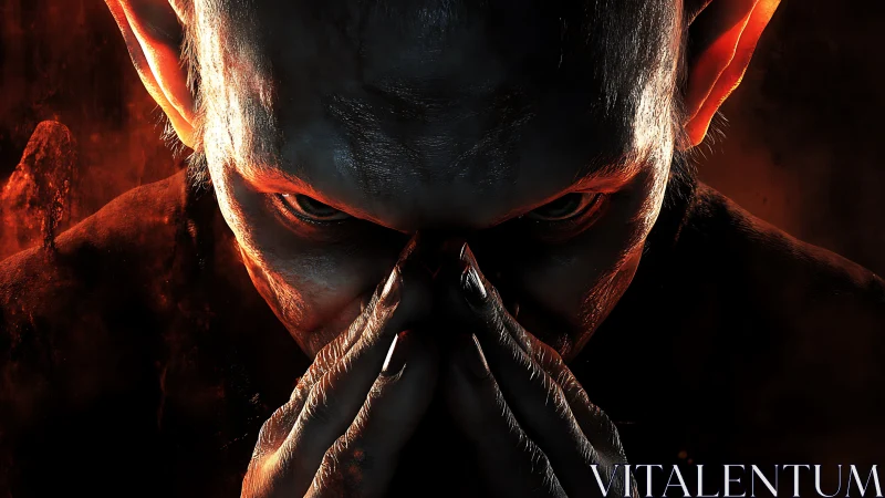 Demonic humanoid creature stares downward with clasped hands.