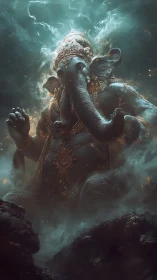 Mythic elephant-headed deity in stormlit cinematic atmosphere