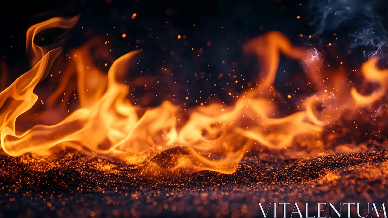 Dynamic Fire Flames with Glowing Embers Against Dark Background.