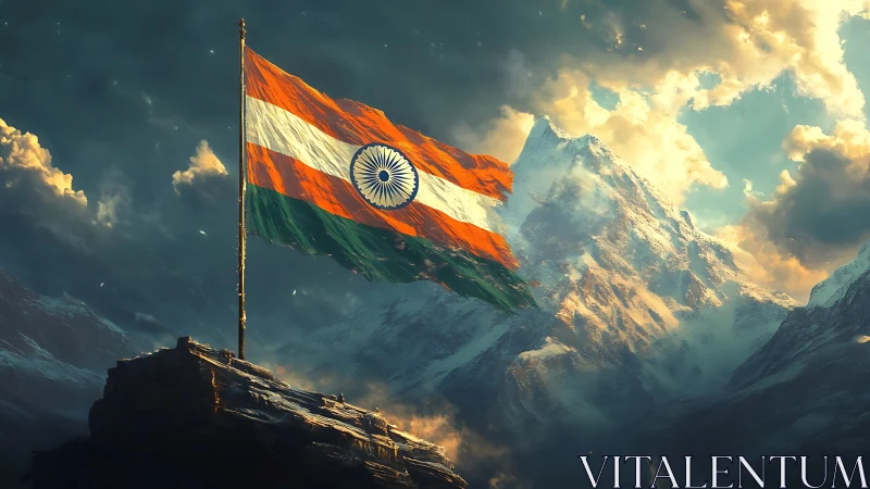 Indian national flag flies on rocky peak before snowy mountains
