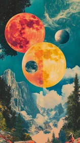 Dual moons over mirrored alpine landscape explore cosmic contrast