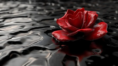 Glossy red rose rendered on high-reflectance black liquid surface