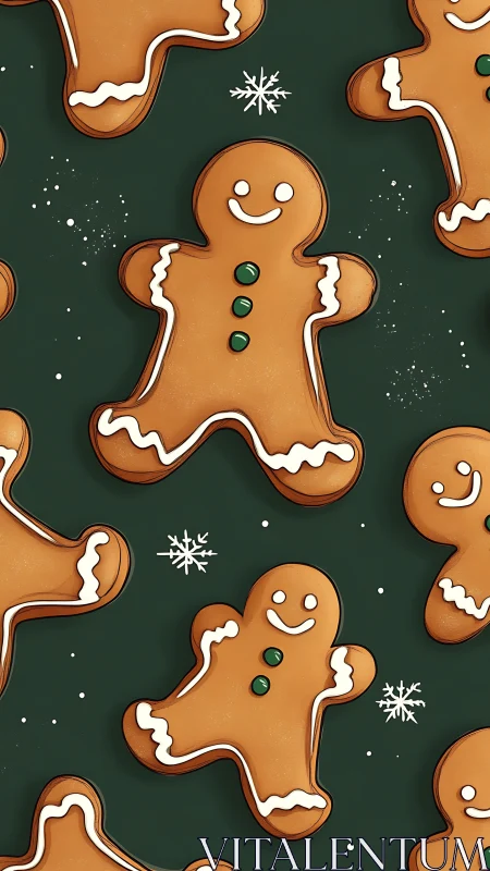 Digital gingerbread cookie pattern on deep green ground.
