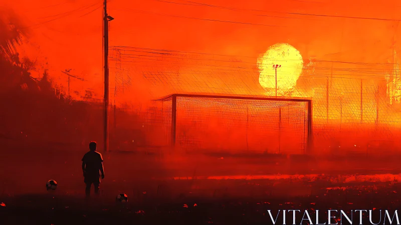 Silhouetted child on soccer field before large red sun.