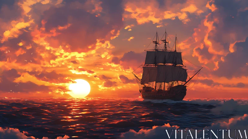 Golden sunset welcomes a tall ship across gentle waves