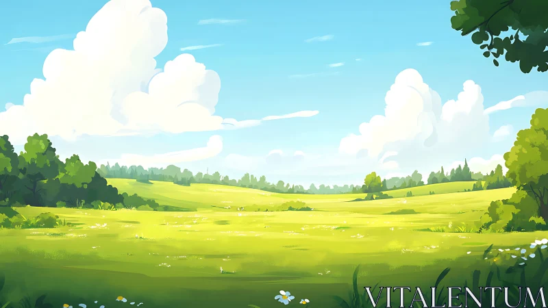 Sunlit meadow daydream under playful drifting clouds.