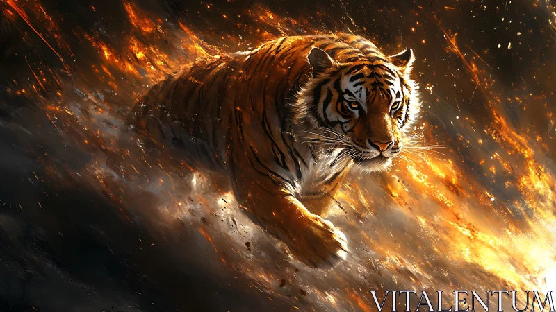 Fireborne tiger storms through embers in blazing twilight.