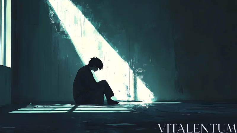 Solitary figure absorbs harsh diagonal light in empty room.