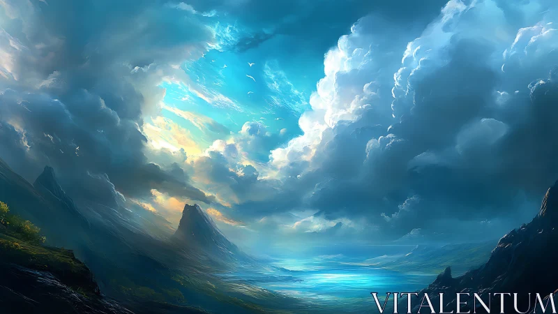 Skyforge bay under colossal daydream clouds at dawn.