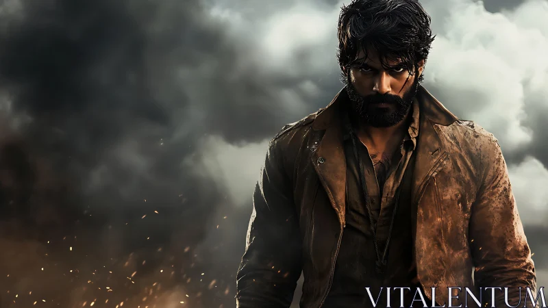 Brooding warrior strides through cinematic storm clouds.