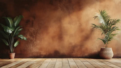 Indoor potted plants against textured brown wall surface.