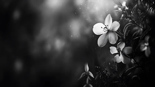 Monochromatic petaled flowers with delicate stamen detail and atmospheric bokeh blur