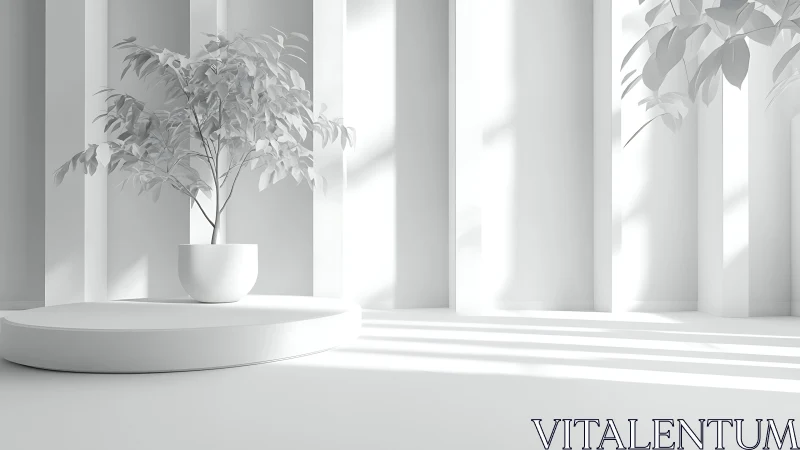 Soft monochrome sunlight crowns a lonely potted tree pedestal.