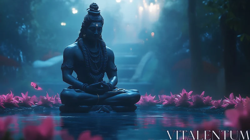 Stone meditation statue sits in lotus pose amid pink flowers