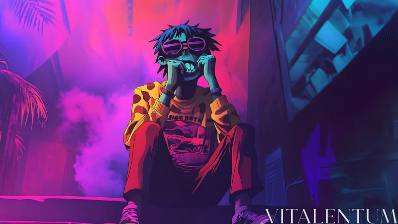 Neon lit character sitting in stylized urban alley at night.