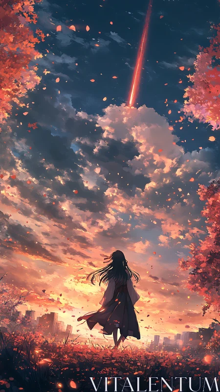 Solitary girl under comet streak in blazing sunset sky.