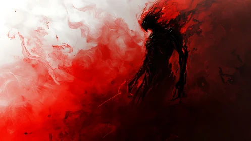Shadow entity emerging through abstract crimson smoke field.