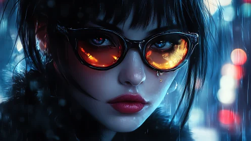 Neon rain portrait with reflective orange lenses at night.